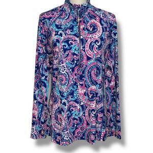 Crown & Ivy Quarter Zip Blue & Pink Paisley Pullover Top Size Medium